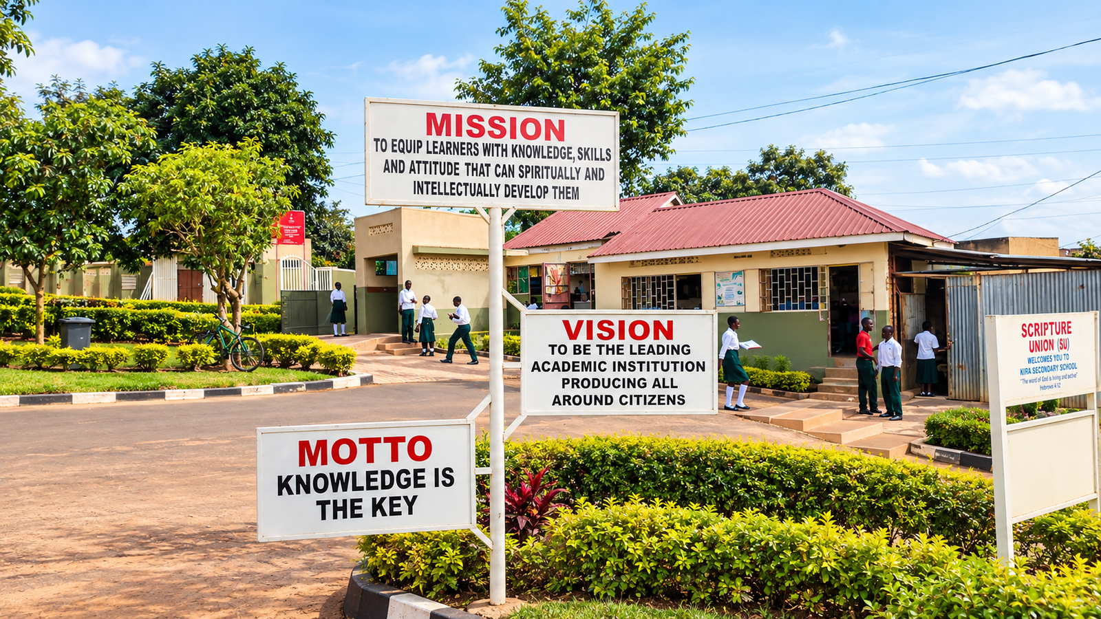 Sunny school campus entrance with mission signs at Kira Secondary School
